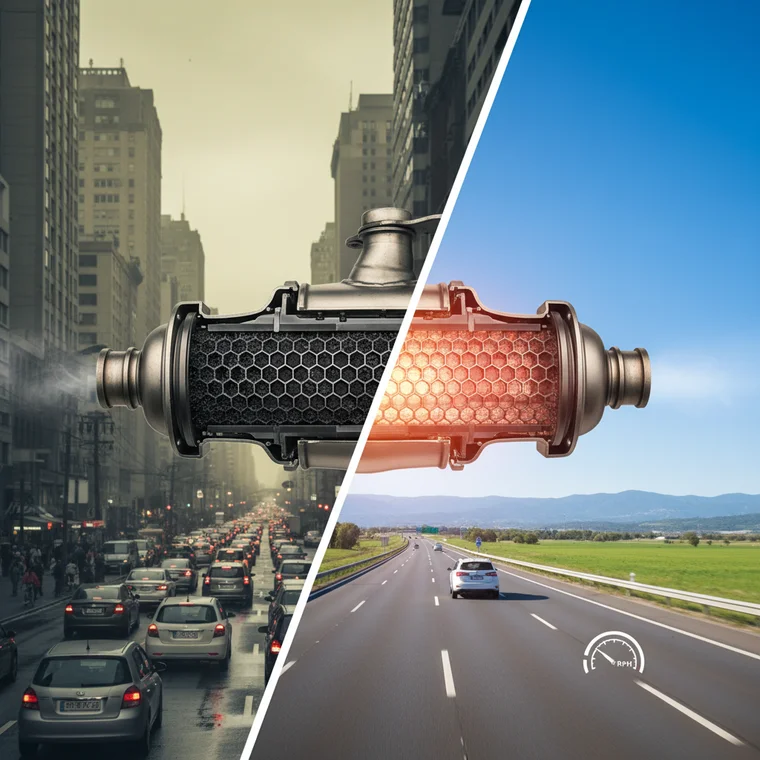 Mechanik sprawdzający filtr DPF w warsztacie, komputer diagnostyczny pokazuje zapchanie filtra DPF w aucie eksploatowanym głównie w mieście