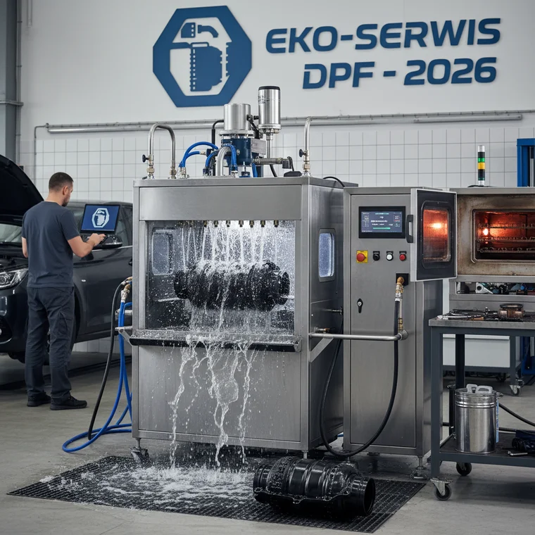 Demontowany filtr DPF na stole warsztatowym podczas regeneracji, obraz pokazuje etap czyszczenia i wyjaśnia, co jest w cenie usługi w warsztacie