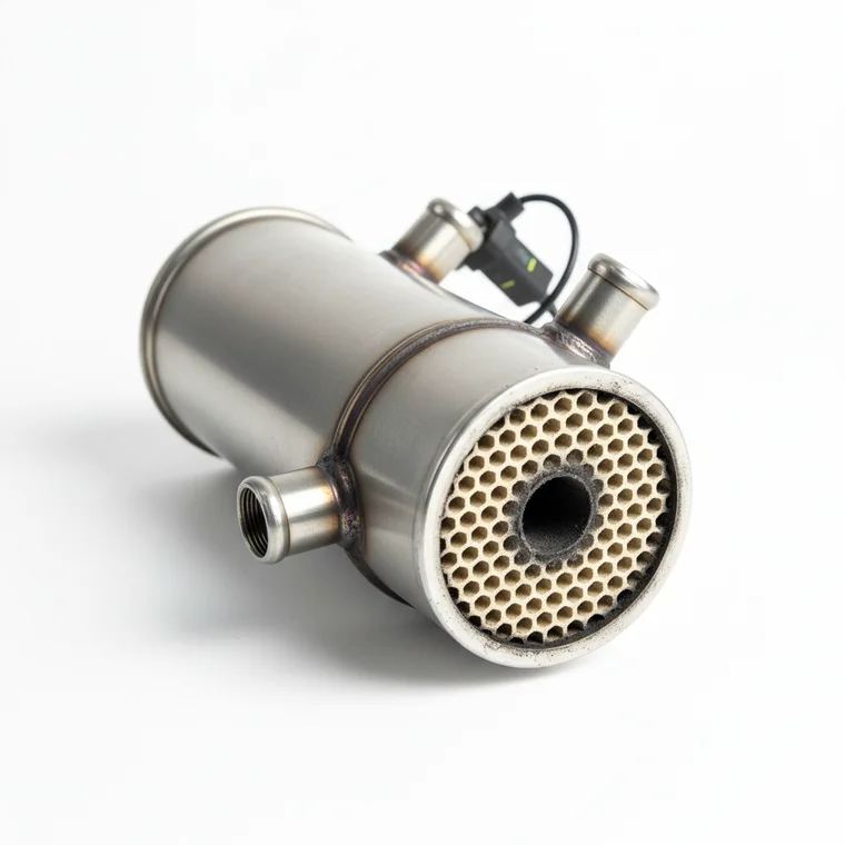 Mechanik w warsztacie sprawdza filtr DPF w samochodzie, omawiając koszt regeneracji filtra DPF w 2026 roku z kierowcą przy podniesionym aucie