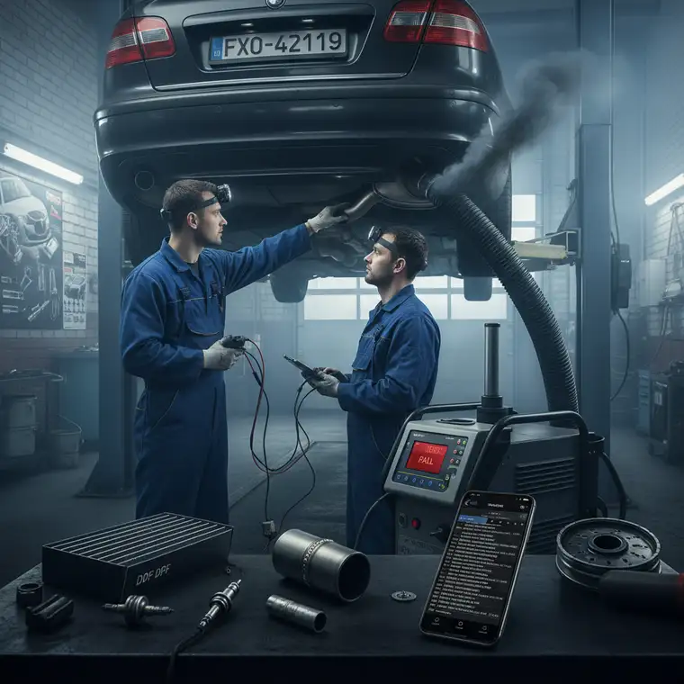 Badanie emisji spalin dymomierzem w dieslu bez filtra cząstek stałych podczas obowiązkowego przeglądu technicznego