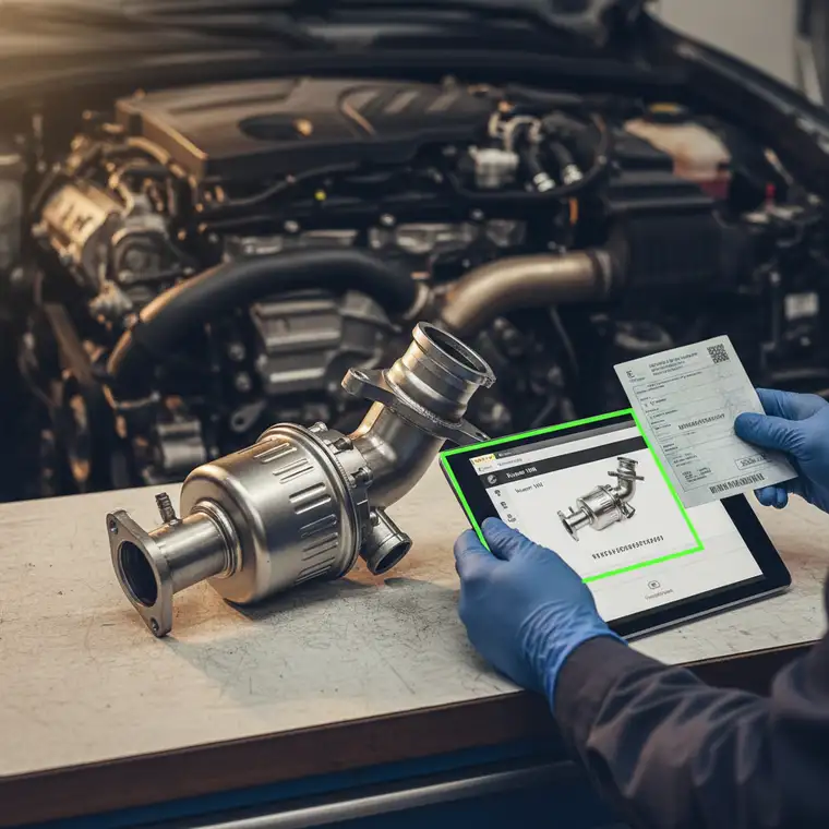 Nowy zamiennik filtra DPF dobrany po VIN przygotowany do montażu pod samochodem na podnośniku w warsztacie