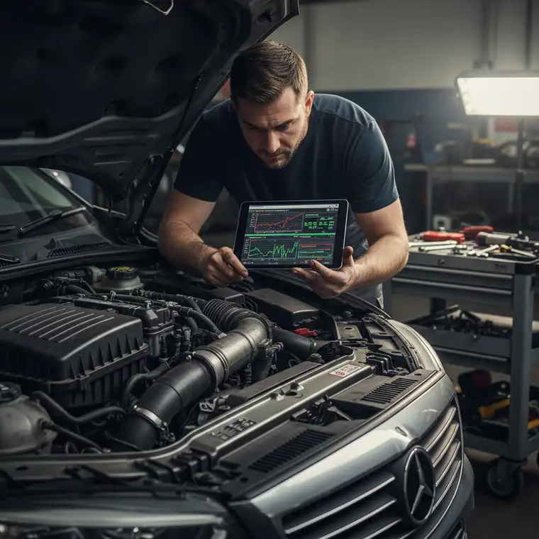 Diagnostyka turbosprężarki i DPF na podnośniku – mechanik sprawdza przyczynę spadku mocy przy wysokich obrotach po regeneracji filtra