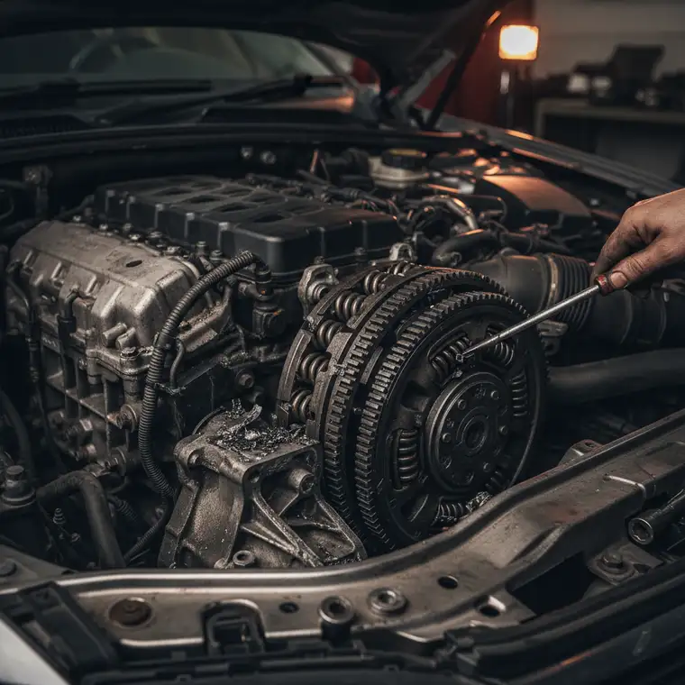 Zbliżenie na zużytą dwumasę i elementy sprzęgła, ilustracja typowych objawów uszkodzenia dwumasy słyszalnych na biegu jałowym