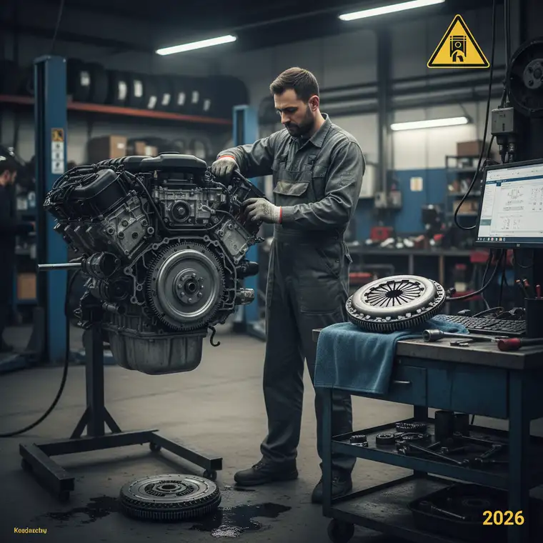 Warsztat samochodowy podczas wymiany kompletu koła dwumasowego i sprzęgła w nowoczesnym dieslu 2.0