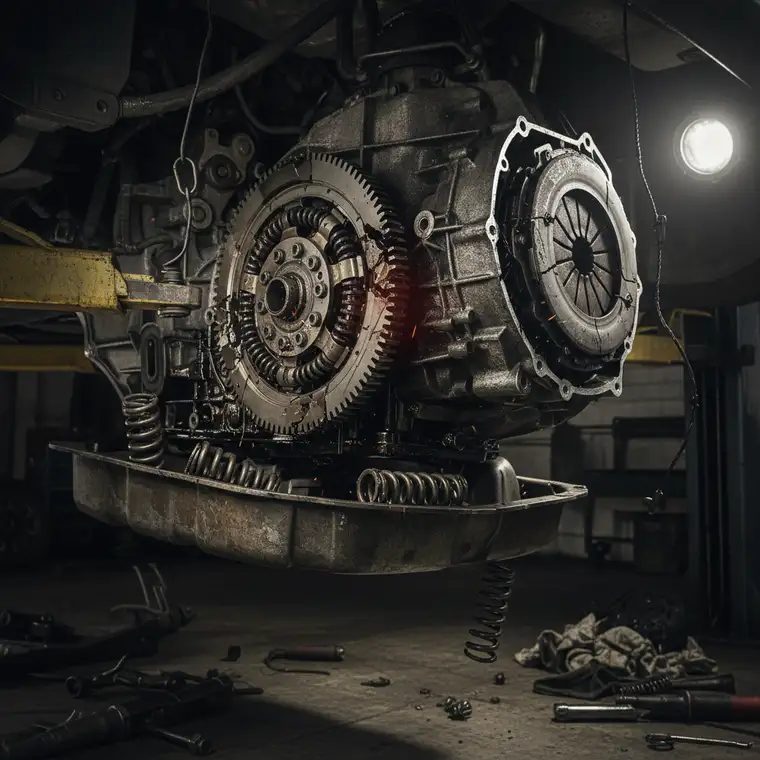 Elementy układu napędowego z kołem dwumasowym i sprzęgłem, pokazujące wpływ uszkodzonej dwumasy na skrzynię biegów