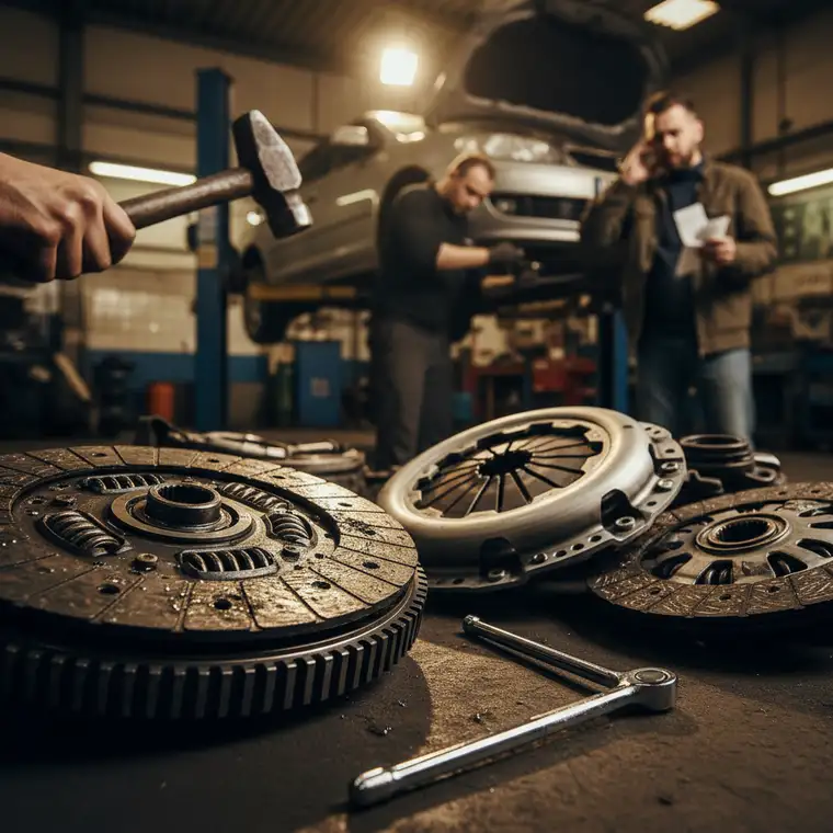 Zużyte i nowe koło dwumasowe na stole warsztatowym, porównanie po 10 tys. km i skutki błędów montażu oraz niewymienionego sprzęgła