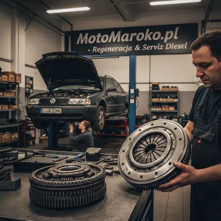 Zdemontowane koło dwumasowe i sprzęgło ze starszego diesla, porównanie zużycia przed regeneracją i po montażu nowego zestawu