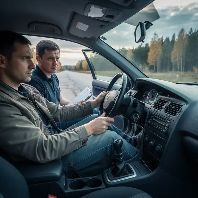 Kierowca podczas jazdy próbnej na biegu jałowym słucha objawów zużytej dwumasy w aucie z komisu, oceniając drgania i hałas silnika