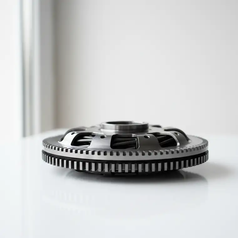 Dwumasowe koło zamachowe w używanym aucie podczas oględzin w komisie, mechanik sprawdza objawy zużytej dwumasy na potrzeby jazdy próbnej