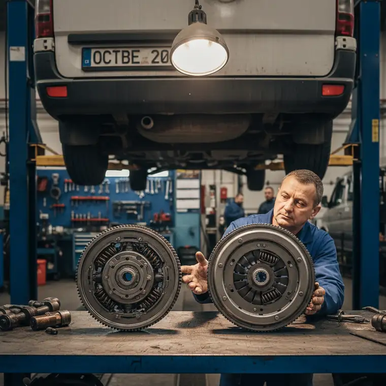 Mechanik przy dostawczaku do 3,5 tony analizuje koło dwumasowe i sztywny zamiennik przed wymianą sprzęgła w 2026 roku