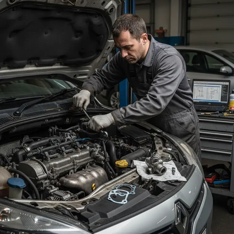 Wymiana zaworu EGR w silniku 1.5 dCi w warsztacie, widoczny mechanik i kolektor dolotowy podczas serwisu