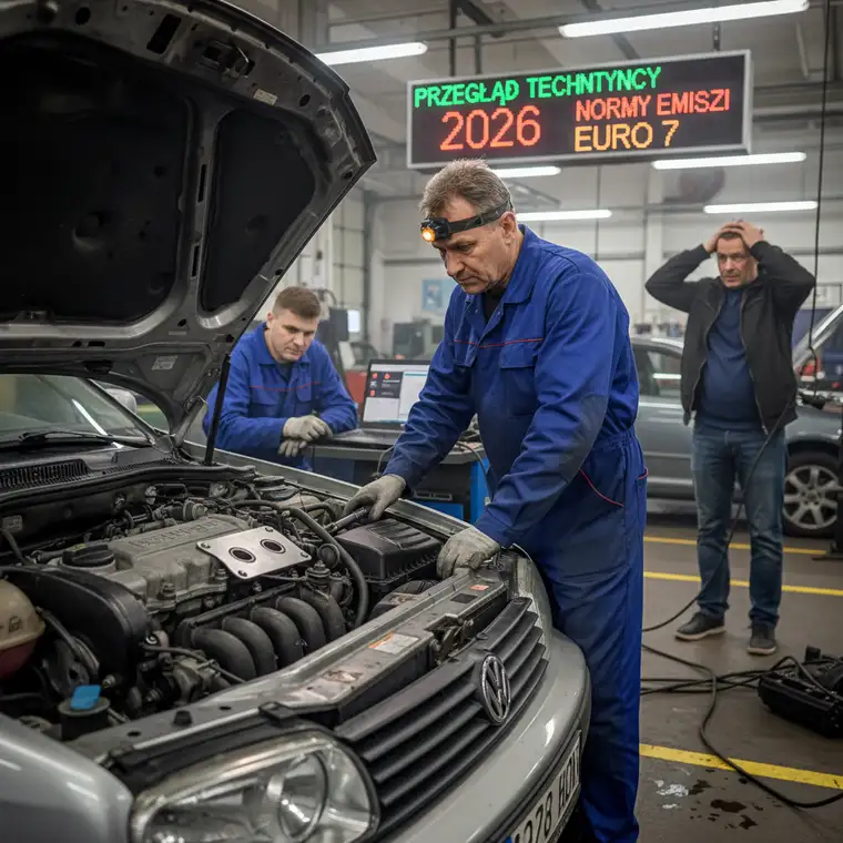 Samochód na stacji kontroli pojazdów podczas badania emisji spalin, zaawansowana diagnostyka EGR i przygotowania do przeglądu 2026