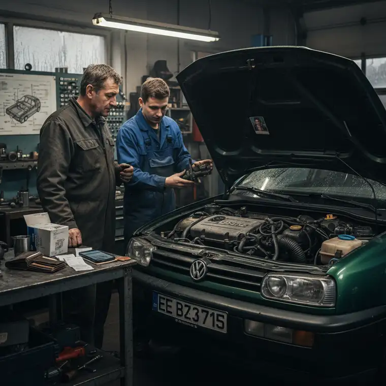 Starszy samochód powyżej 15 lat na parkingu, mechanik ocenia opłacalność wymiany EGR w stosunku do realnej wartości auta i przyszłych napraw