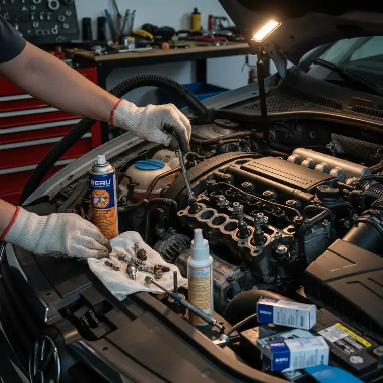 Zbliżenie na głowicę silnika 1.9 TDI z wykręconymi świecami żarowymi i narzędziami do czyszczenia gniazd świec żarowych przed montażem