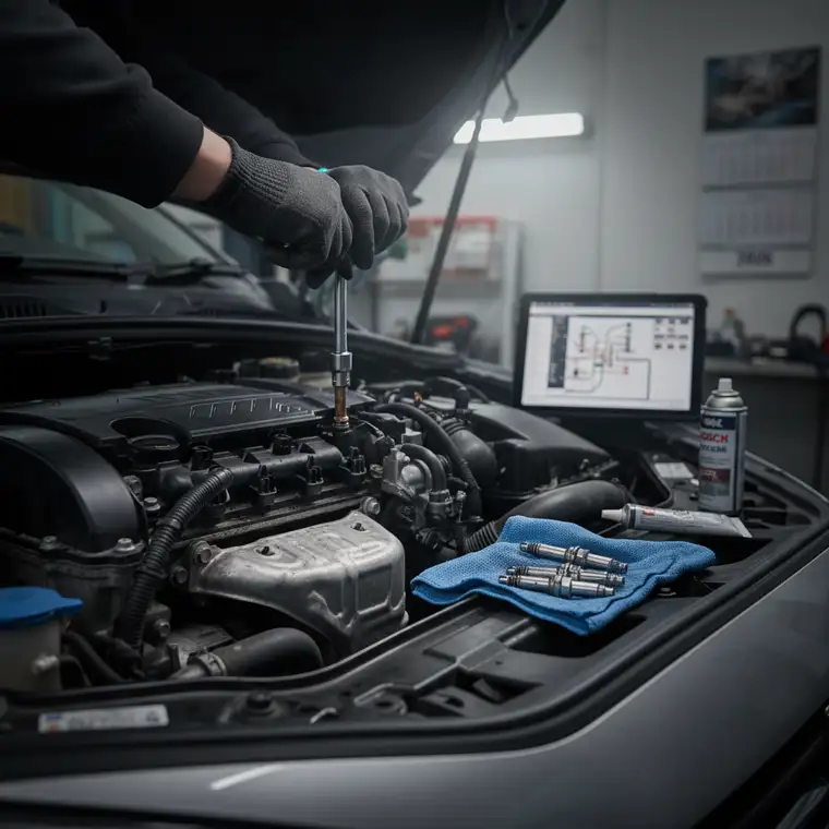 Zestaw świec żarowych i narzędzi do wymiany w silniku diesla 1.6, wizualizacja prognozowanych kosztów wymiany świec żarowych w 2026 roku