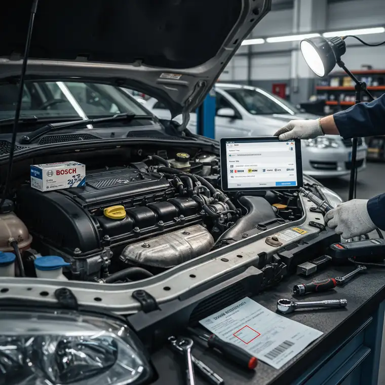 Zbliżenie na świece żarowe do silnika 2.0 HDI dobrane po VIN, leżące obok katalogu części i narzędzi warsztatowych