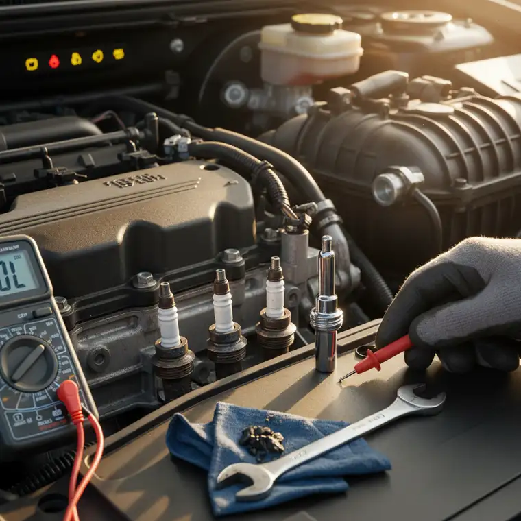 Silnik diesla z widocznymi świecami żarowymi i osprzętem, ilustrujący wpływ ich niesprawności przy dodatnich temperaturach na DPF i EGR