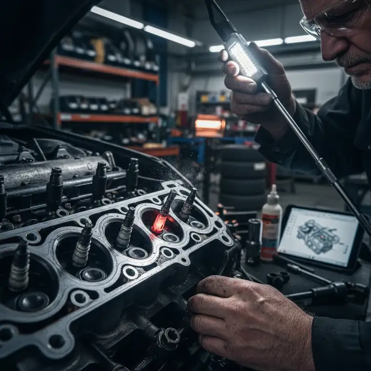 Mechanik w serwisie kontroluje świece żarowe w silniku Diesla, pokazując praktycznie kiedy lepiej zlecić wymianę świec żarowych w serwisie, aby uniknąć ryzyka urwania i uszkodzenia głowicy