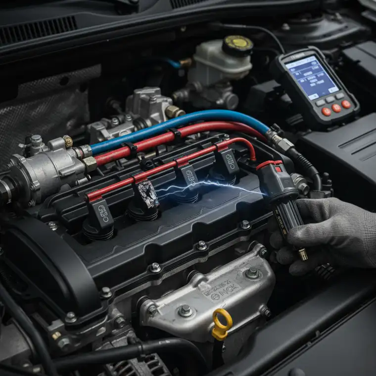 Silnik benzynowy 1.4 z instalacją LPG podczas diagnostyki cewek zapłonowych, objawy szarpania i wypadania zapłonów