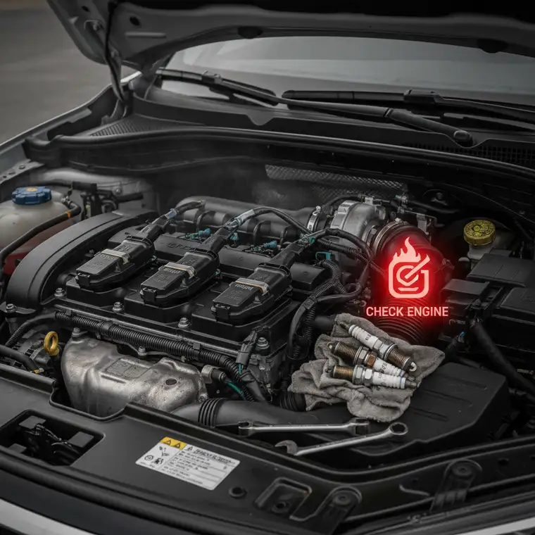 Schemat układu zapłonowego z cewkami i świecami w silniku 1.2 turbo, pokazujący powiązanie części i wpływ jakości elementów na awaryjność