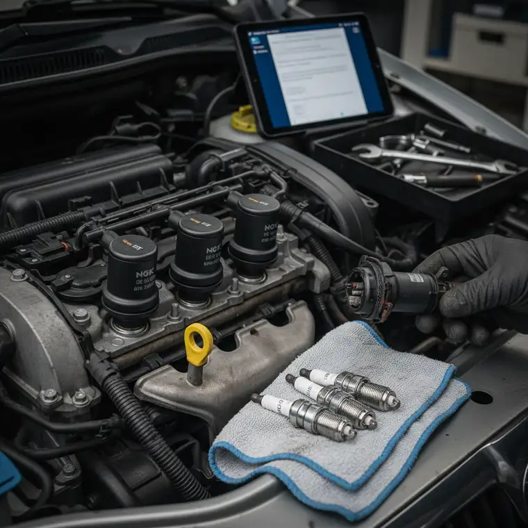 Nowa cewka zapłonowa do Skody Fabii 1.2 HTP zamontowana na silniku, widoczne złącza i numer OE ułatwiające dobór właściwej części