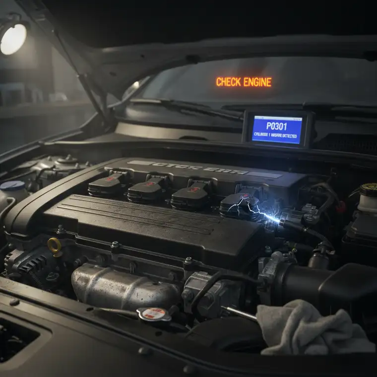 Silnik samochodu z widocznymi cewkami zapłonowymi, skutki jazdy z uszkodzoną cewką zapłonową i możliwe uszkodzenia katalizatora