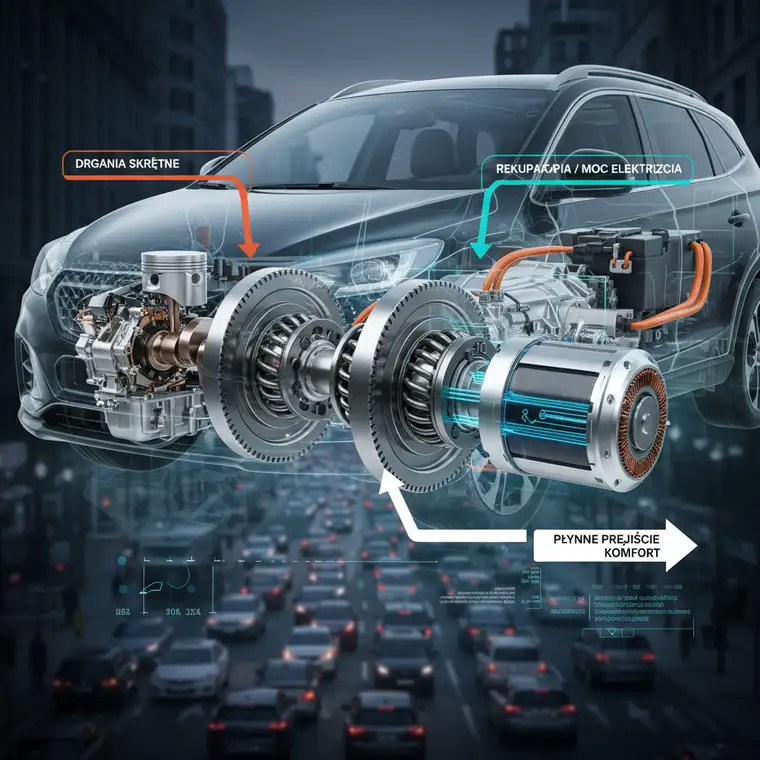Dwumasowe koło zamachowe w układzie napędowym hybrydy plug‑in podczas jazdy w korku, redukujące drgania i szarpnięcia przy częstym ruszaniu