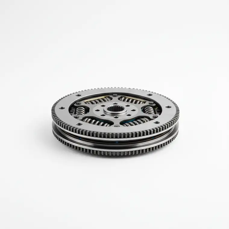 Schematyczny przekrój dwumasowego koła zamachowego w hybrydzie plug‑in, pokazujący jak tłumi drgania w korkach i poprawia płynność pracy napędu