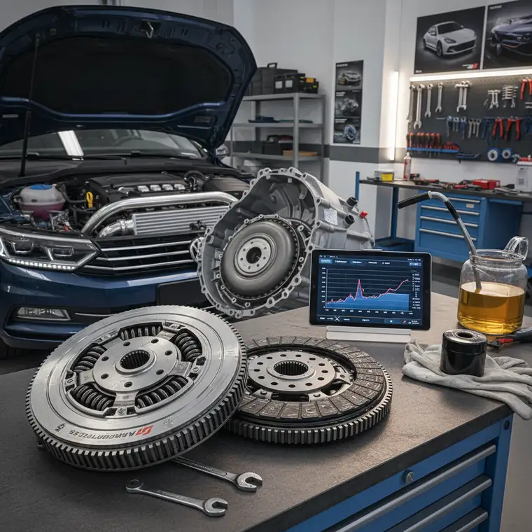 Dwumasowe koło zamachowe w samochodzie rodzinnym z automatem po chip tuningu bezpiecznie dla skrzyni – widok mechanika oceniającego stan części