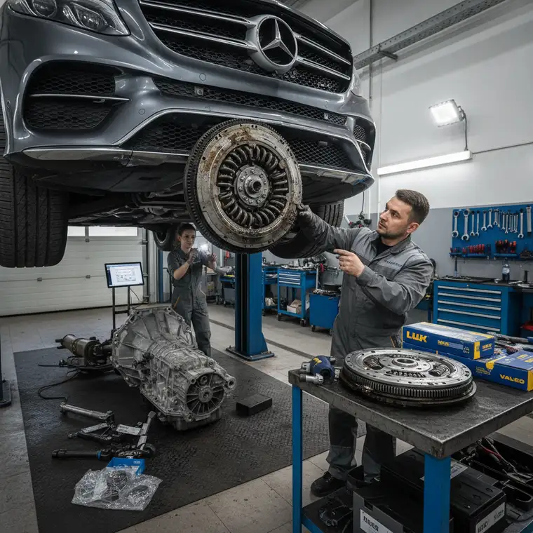 Warsztat samochodowy podczas wymiany dwumasy w SUV-ie 4x4, widoczna skrzynia biegów i napęd 3.0 diesel na podnośniku