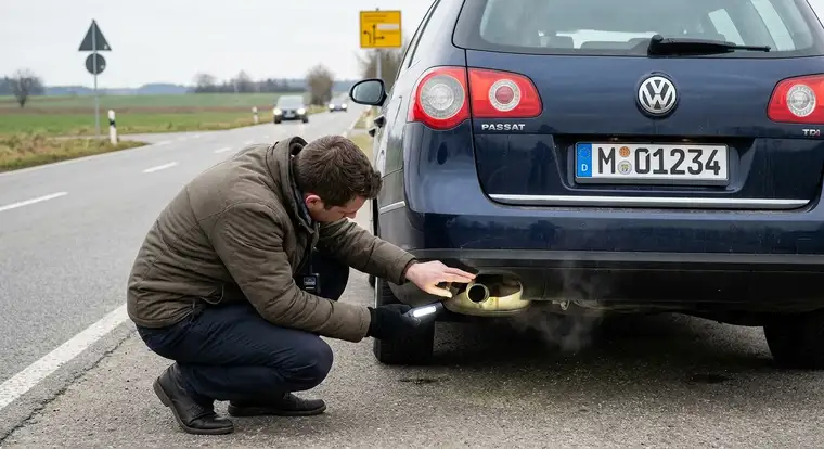 Laptop z interfejsem diagnostycznym podłączony do dieslowego kombi z Niemiec, odczyt parametrów DPF i ciśnienia różnicowego podczas jazdy próbnej