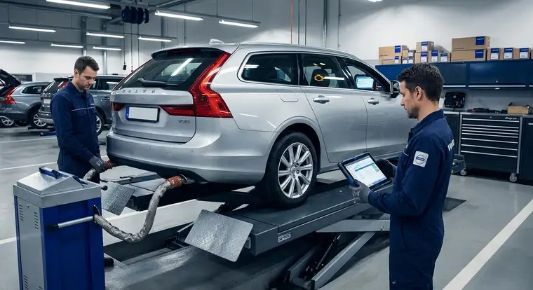 Samochód z silnikiem wysokoprężnym podczas diagnostyki DPF w ASO, mechanik analizuje koszt i efekty wymuszonego wypalania filtra