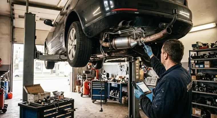 Diagnostyka komputerowa DPF w warsztacie, mechanik sprawdza parametry po wymianie filtra DPF i wzroście spalania w mieście